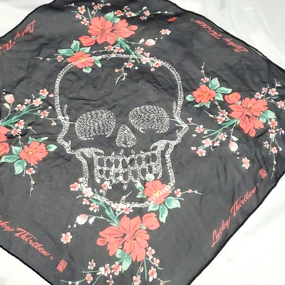 Lucky Thirteen 13 square scarf with skull and flowers